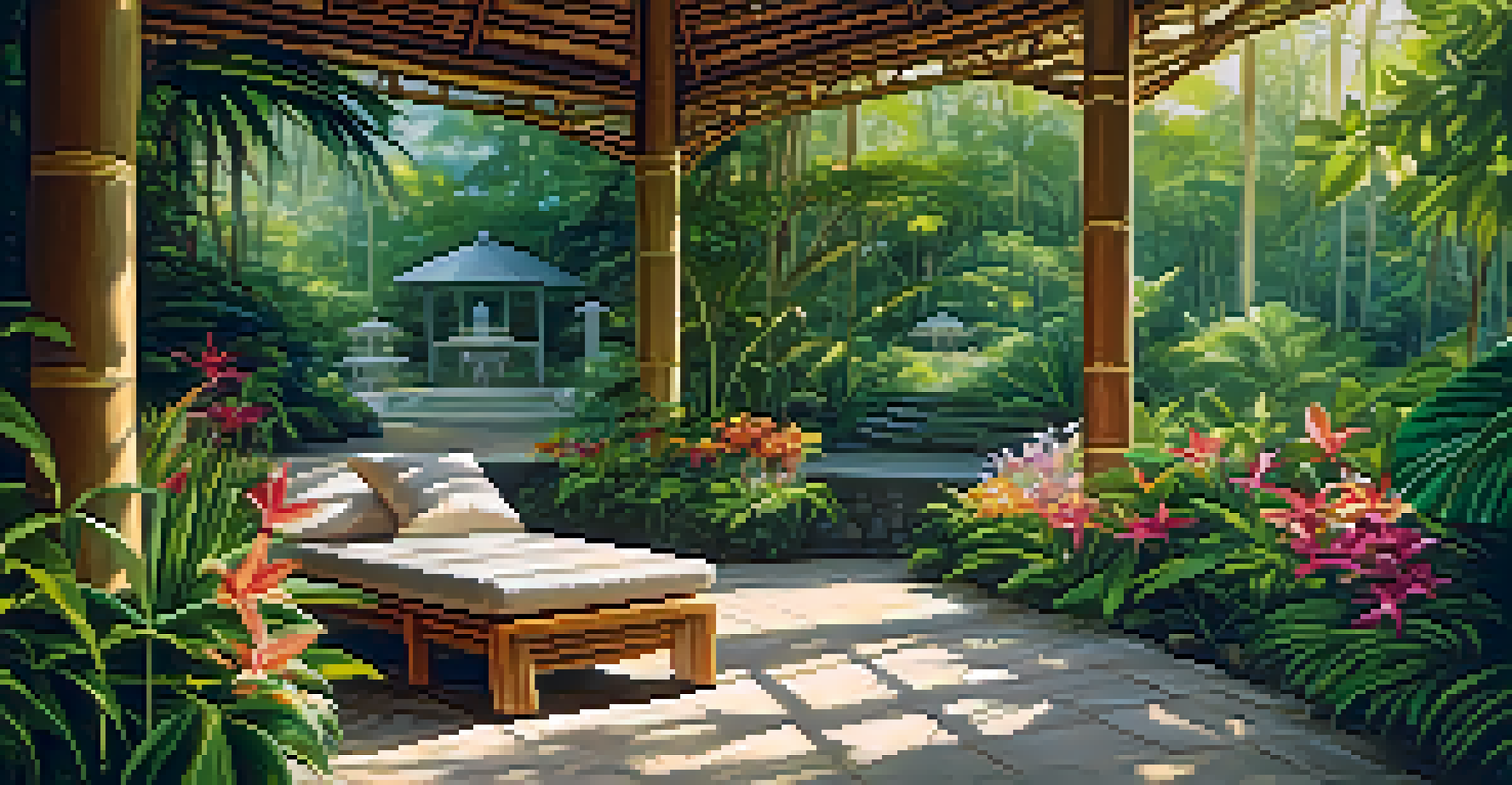 A peaceful meditation area in a tropical garden, featuring a bamboo gazebo surrounded by flowers.