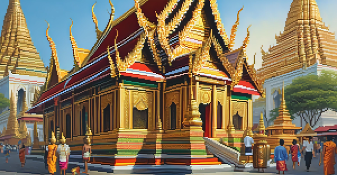 A busy street in Bangkok with a temple displaying intricate art and colorful market stalls selling textiles.