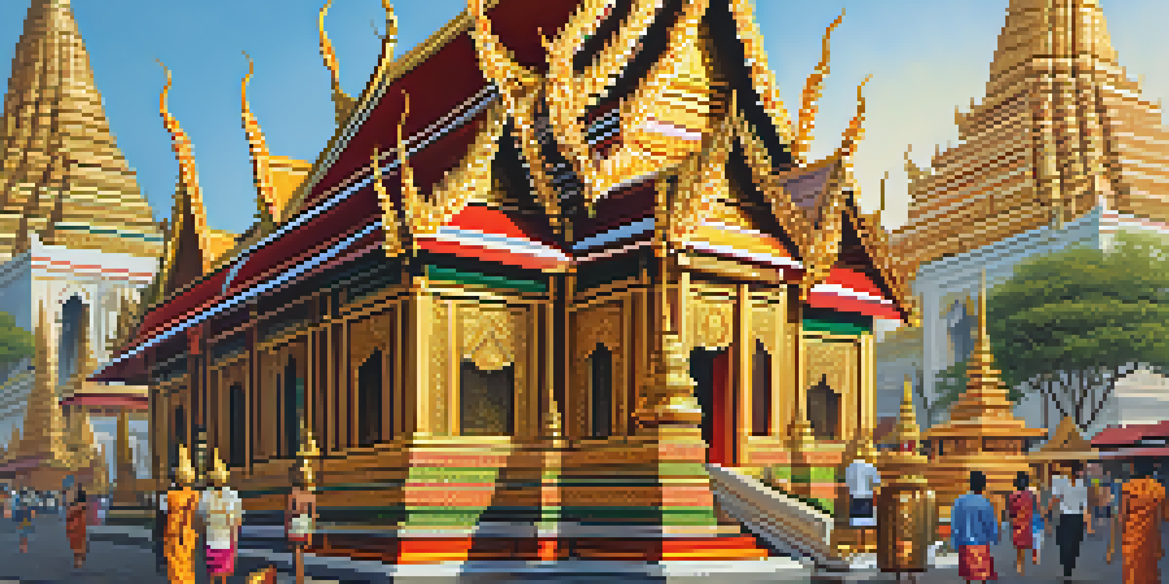 A busy street in Bangkok with a temple displaying intricate art and colorful market stalls selling textiles.