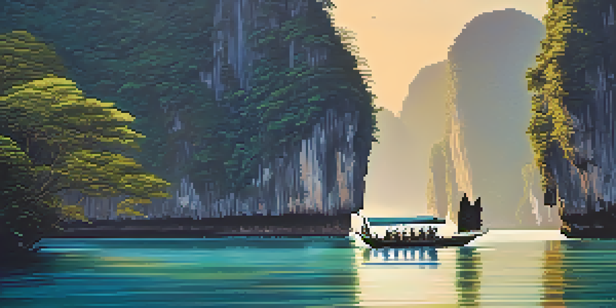 A long-tail boat moves through clear waters in Phang Nga Bay, with limestone cliffs and a sunset in the background.