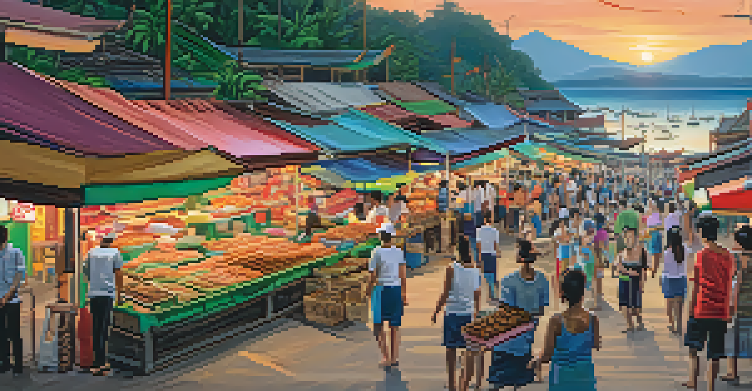A colorful street food market in Phuket, featuring stalls with Mee Hokkien Noodle and seafood, bustling with locals enjoying the vibrant atmosphere during sunset.