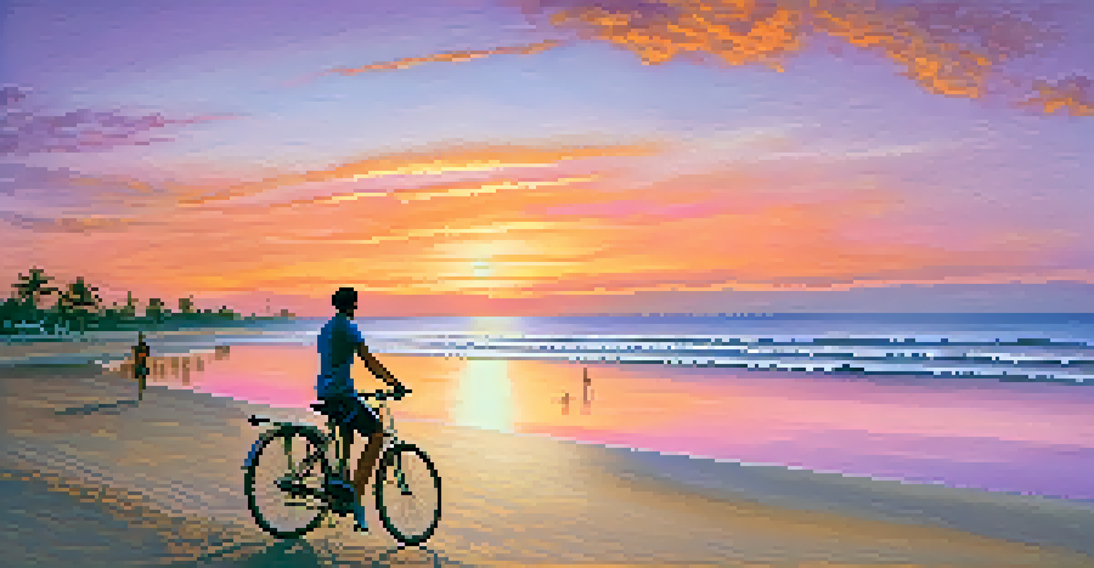 A cyclist riding along a beach trail in Hua Hin at sunset with colorful skies and calm ocean waters.