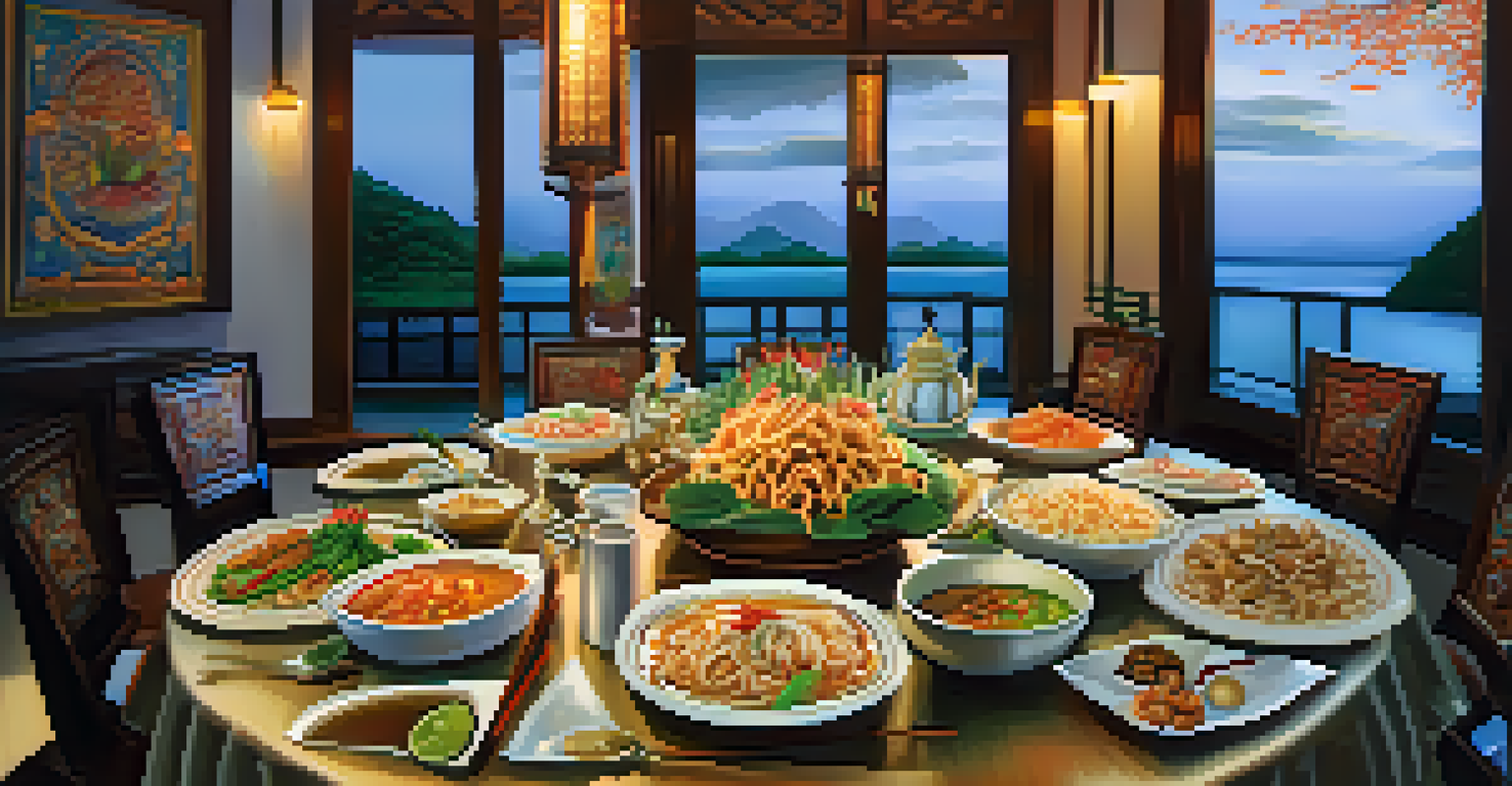 An elegant dining table in Central Thailand with traditional Thai dishes like Pad Thai and Tom Yum, set in a warm, inviting atmosphere.