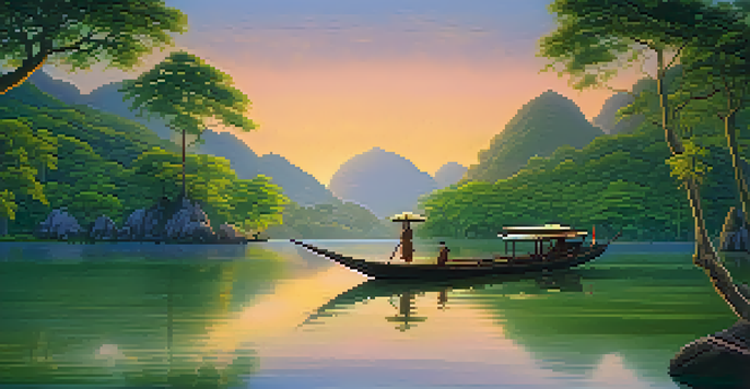 A peaceful Thai landscape at sunset with a river, wooden boats, and a mythical creature from folklore illuminated by warm light.