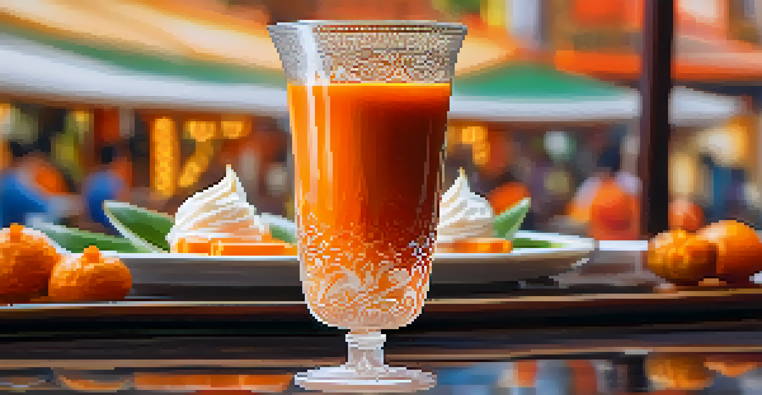 A cup of Thai tea in a clear glass, layered with orange tea and creamy milk, placed on a decorative plate with a blurred Thai market in the background.