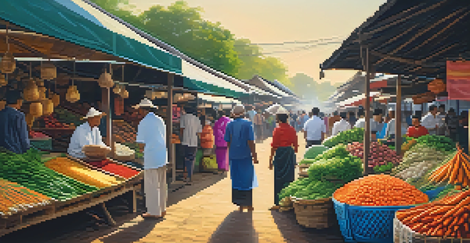 A busy market in Isaan with colorful stalls, fresh vegetables, and locals interacting under warm sunlight.