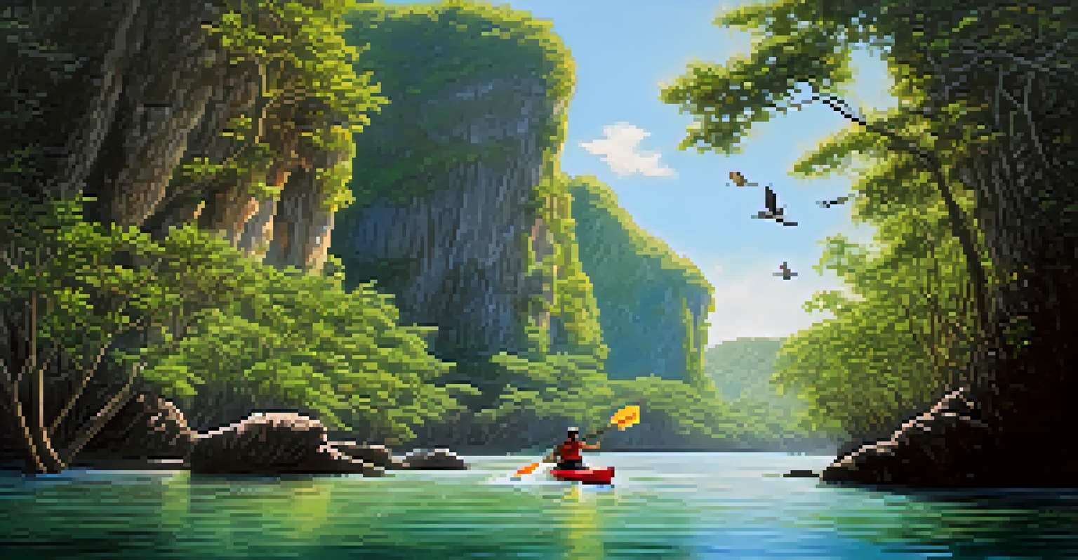 A kayaker paddling in calm waters surrounded by limestone cliffs and mangroves in Ao Thalane.