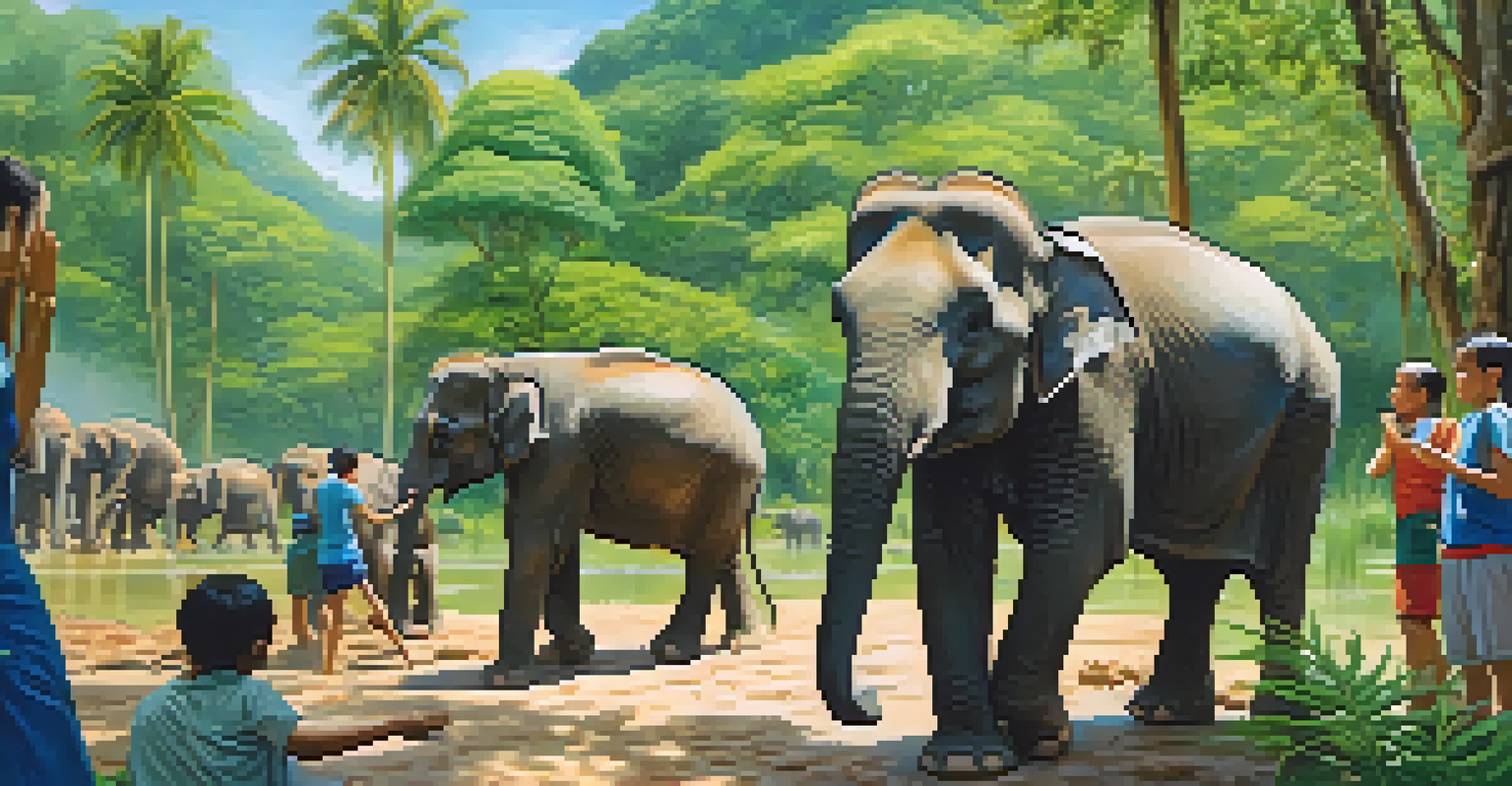 Volunteers caring for elephants in a sanctuary surrounded by lush greenery and blue skies.