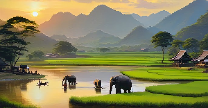 A tranquil Thai village landscape with rice paddies, a river, and elephants during sunset.
