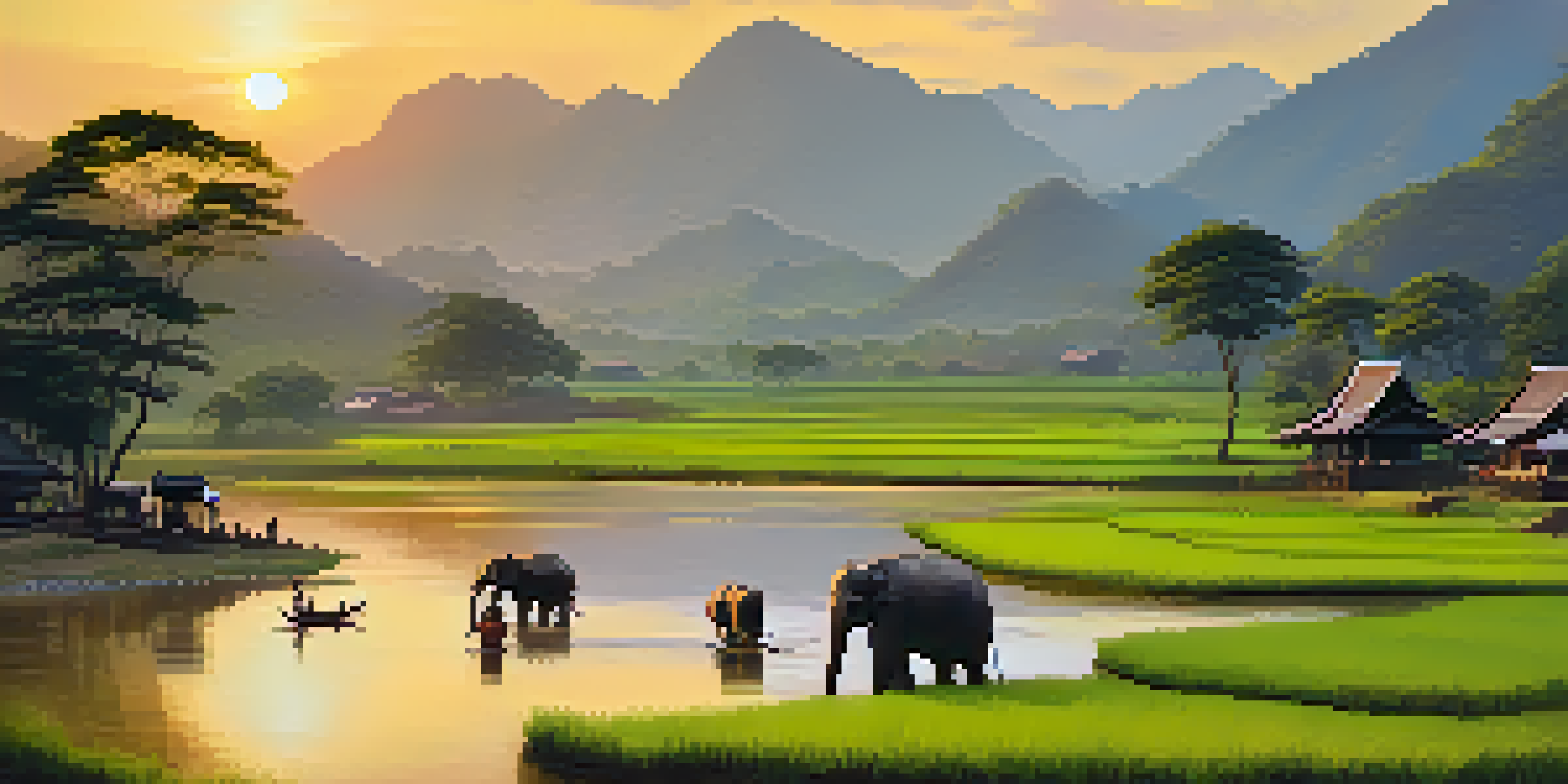 A tranquil Thai village landscape with rice paddies, a river, and elephants during sunset.