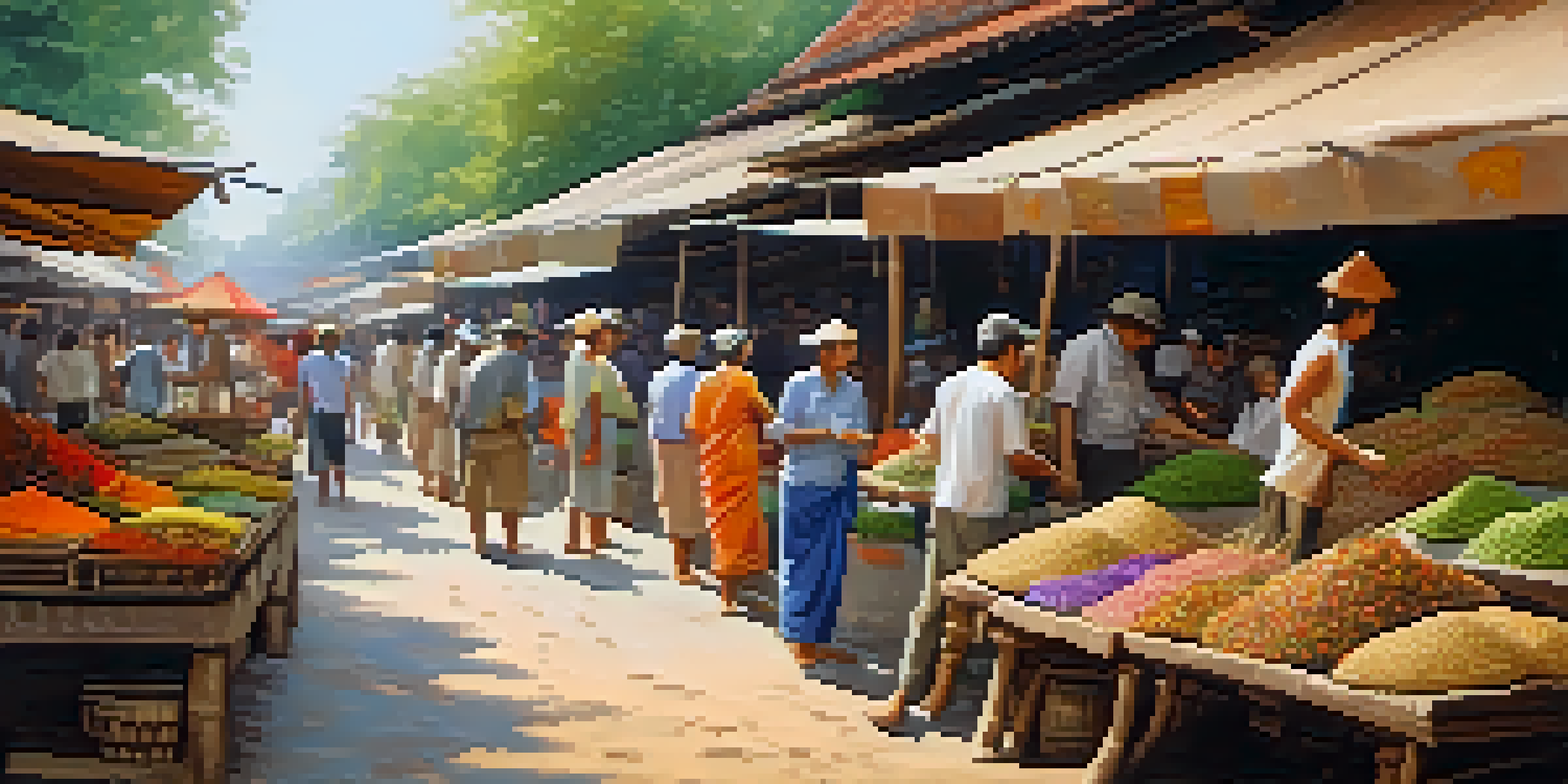 A lively historical market in Sukhothai with colorful stalls, local crafts, and smiling vendors under warm sunlight.