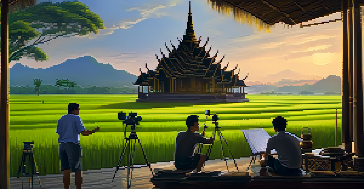 A tranquil Thai film set with rice fields at sunset, showcasing a film crew and traditional architecture in the background.