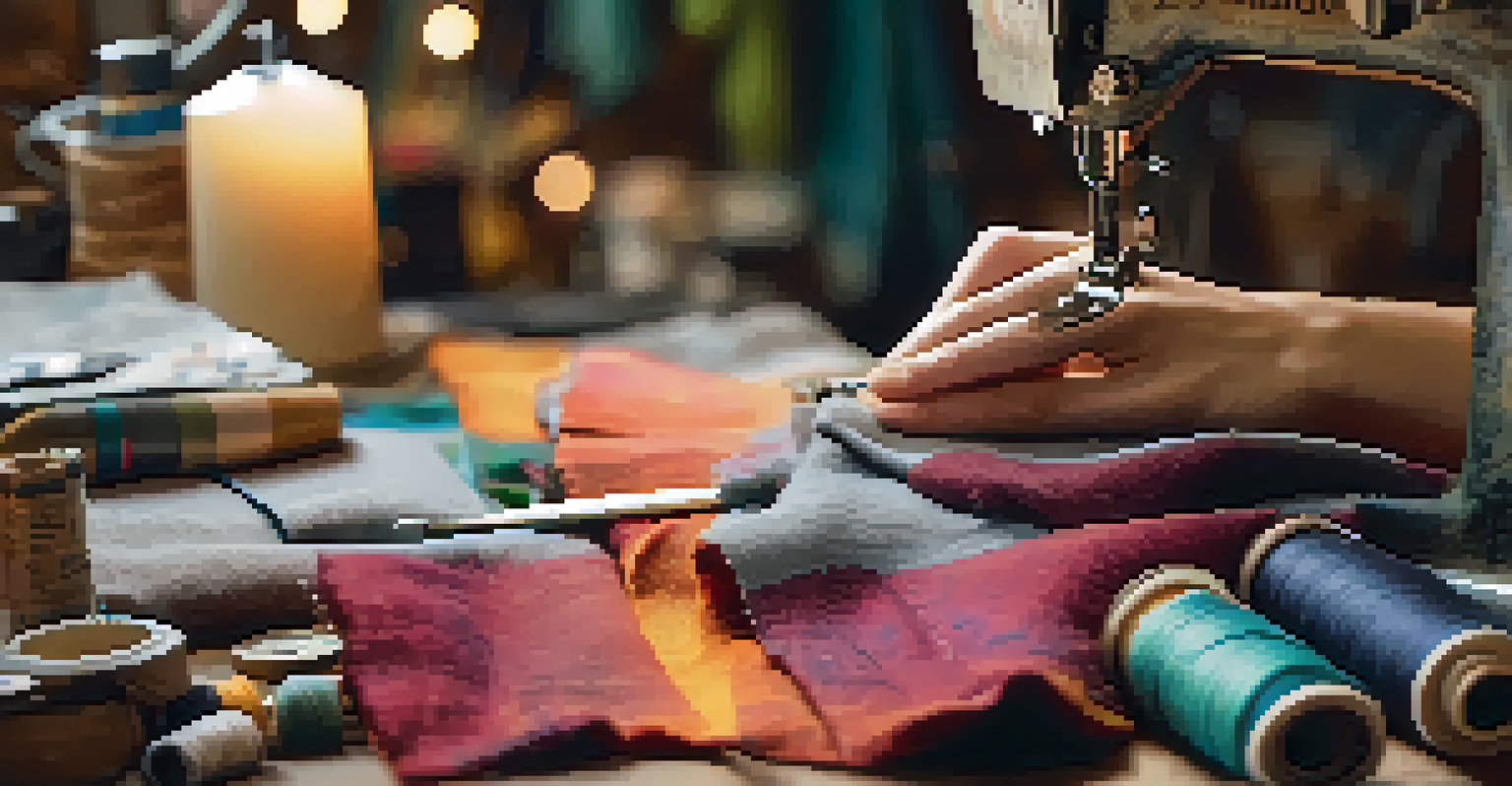 Hands creating new fashionable items from old clothes in a warm workshop filled with sewing tools and vibrant fabrics.