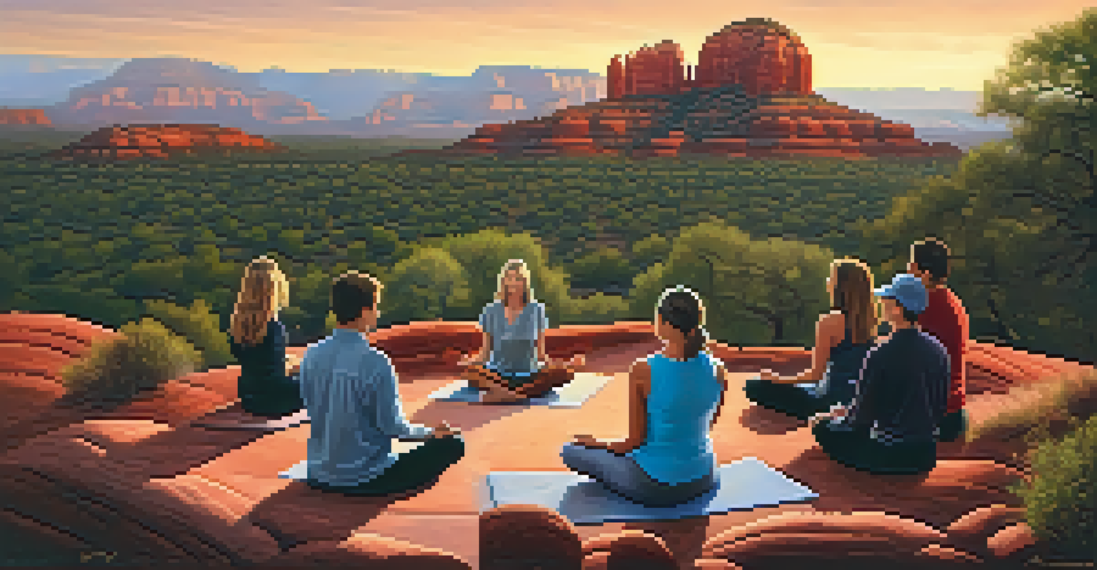 A group of individuals meditating in Sedona surrounded by red rock formations at sunset, bathed in warm light.