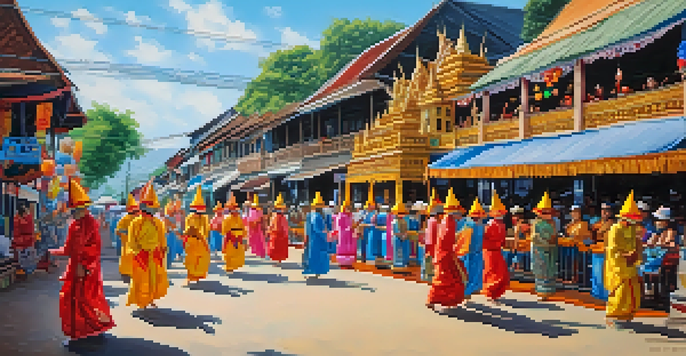 A lively street scene from the Phi Ta Khon Festival with people in colorful ghost masks and traditional architecture in the background.