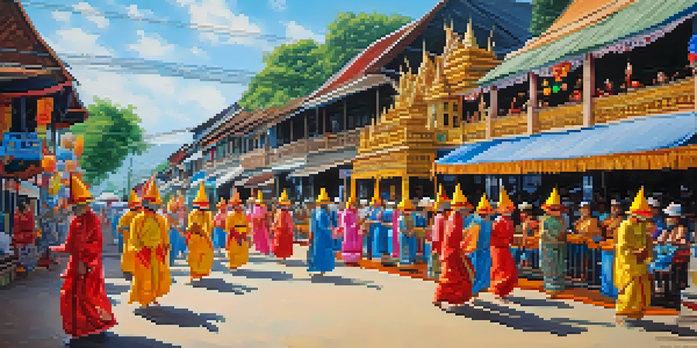 A lively street scene from the Phi Ta Khon Festival with people in colorful ghost masks and traditional architecture in the background.