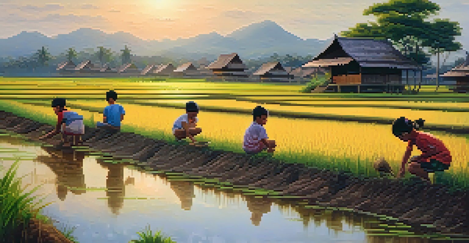 A peaceful rural Thai village at sunset with children playing and adults working in rice paddies, showcasing community life and natural beauty.