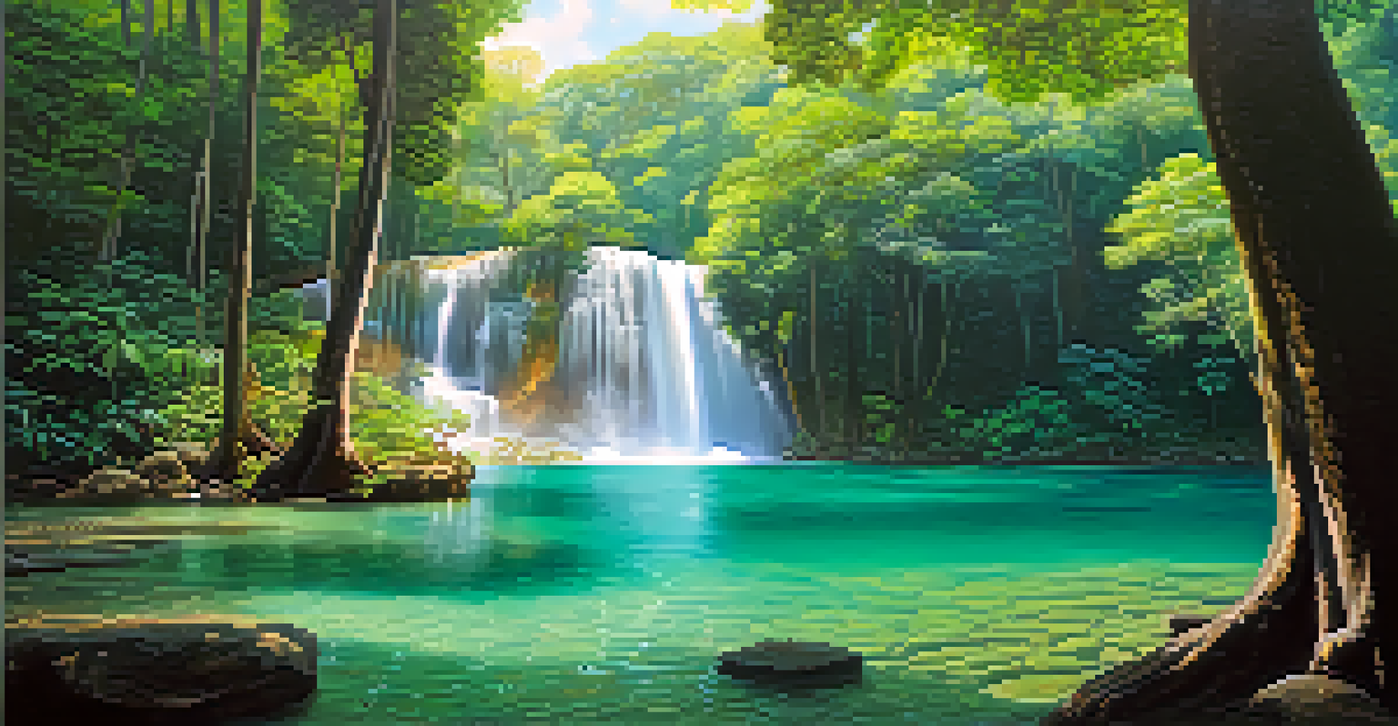 A picturesque scene of seven-tiered waterfalls surrounded by lush greenery and sunlight filtering through the trees at Erawan National Park.