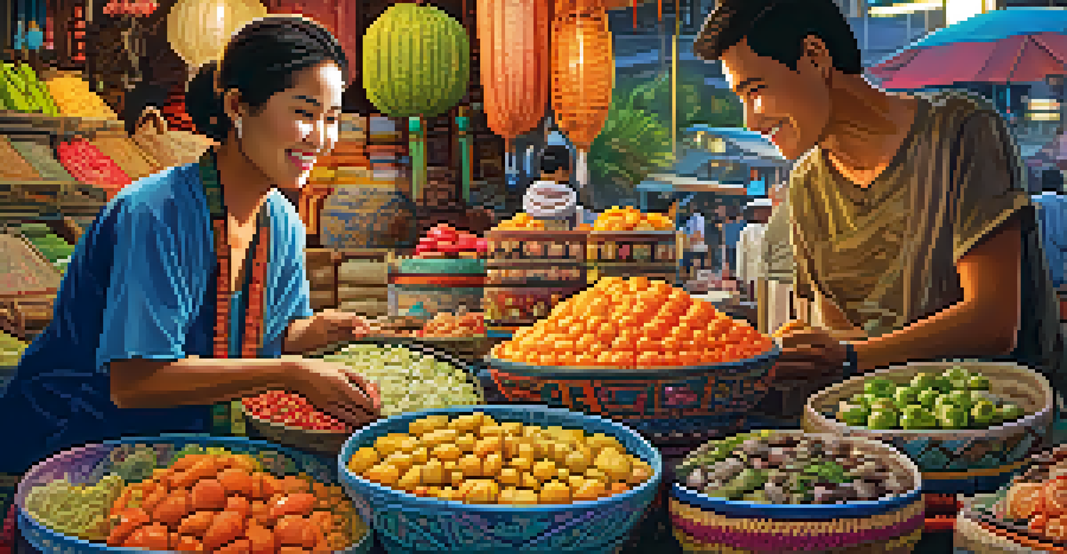 A close-up of a vendor's stall at a Thai night market, showcasing colorful crafts and delicacies, with a smiling vendor interacting with a customer.