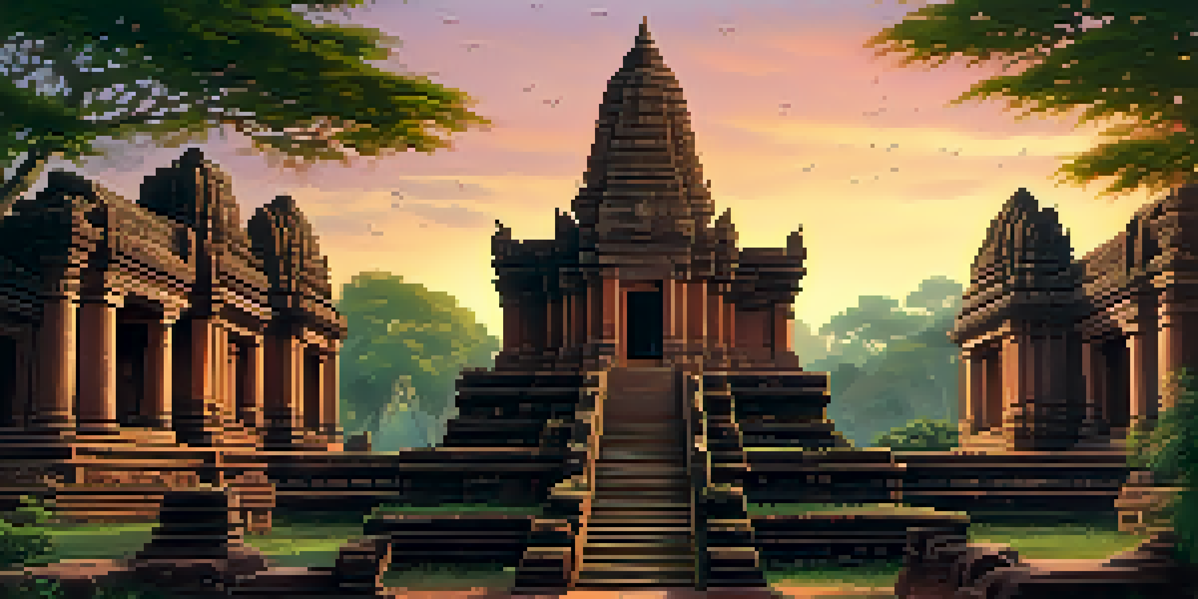 A sunset view of Phimai Historical Park, highlighting the temple's sandstone architecture and the warm sky colors.