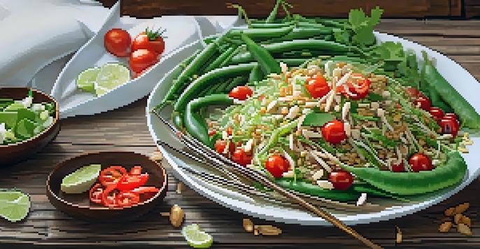 A colorful plate of Som Tum salad with green papaya, cherry tomatoes, green beans, peanuts, and lime, on a wooden table.