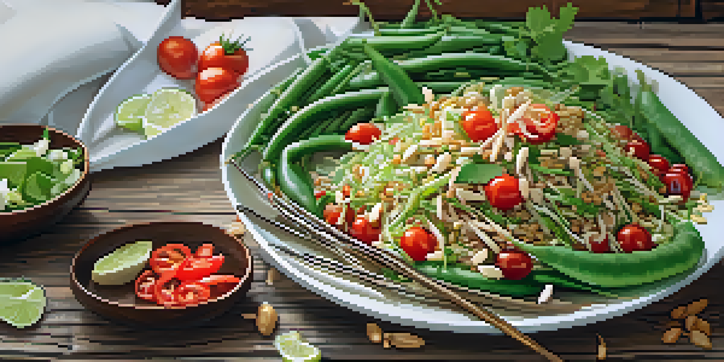 A colorful plate of Som Tum salad with green papaya, cherry tomatoes, green beans, peanuts, and lime, on a wooden table.