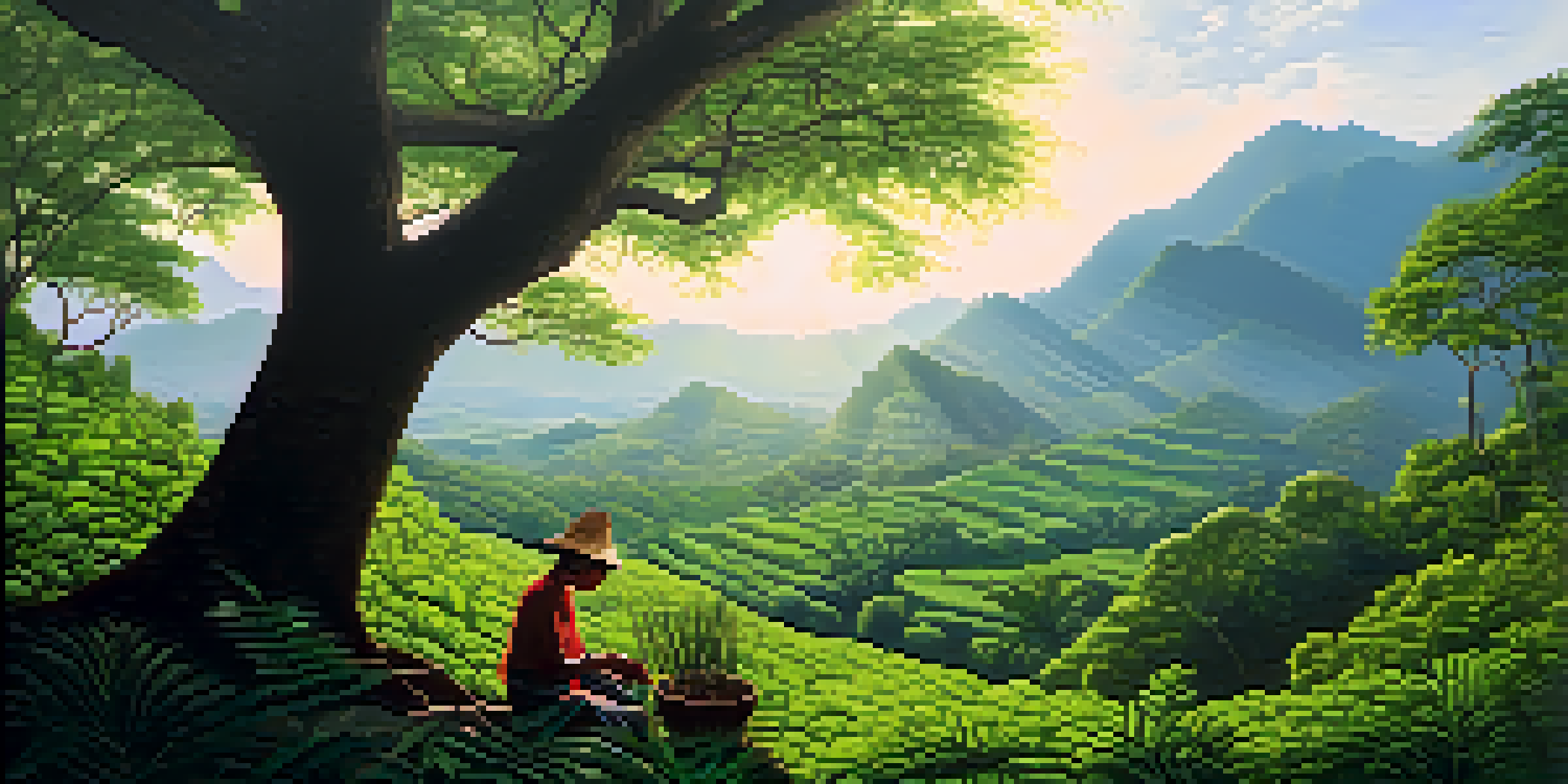 A lush jungle in Chiang Mai with sunlight filtering through the trees, and a local villager planting small trees.