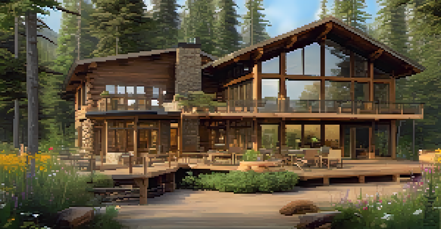 An eco-friendly lodge in a forest with large windows and a wooden deck surrounded by trees and flowers.