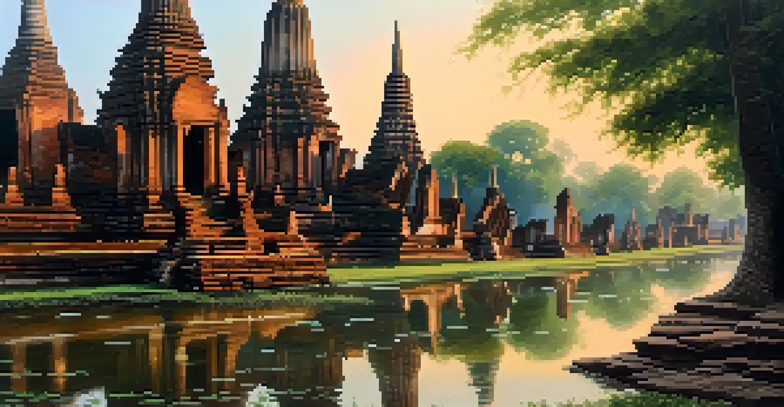 The ancient ruins of Wat Chaiwatthanaram at dawn with greenery and reflections in the river.