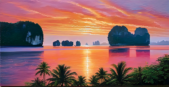 A stunning sunrise illuminating limestone cliffs in Krabi, Thailand, with colorful reflections on calm waters and tropical greenery in the foreground.