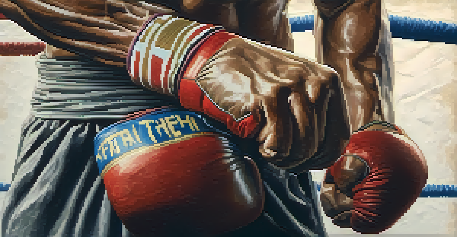 Close-up of a Muay Thai fighter's hands wrapped in hand wraps resting on a punching bag, showcasing the textures and details of the training environment.