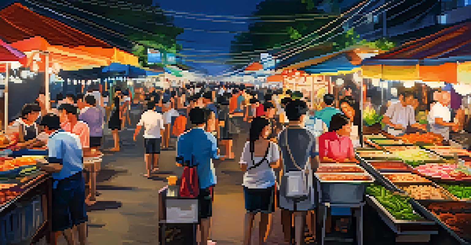 A vibrant night market in Hua Hin with food stalls and people enjoying local cuisine.