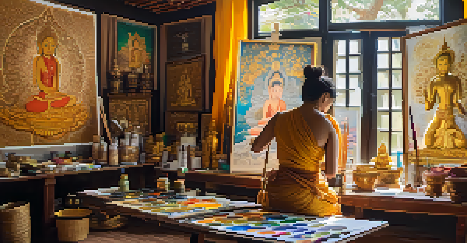 An artist painting a mural in a studio filled with traditional Thai art supplies and vibrant colors.