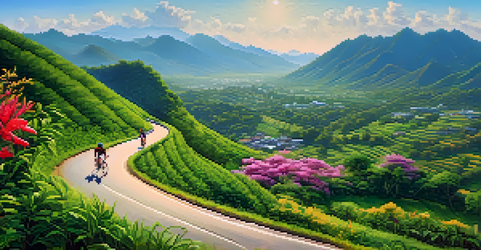 A picturesque landscape of Chiang Mai with cyclists on a winding road, surrounded by lush greenery and mountains under a clear sky.