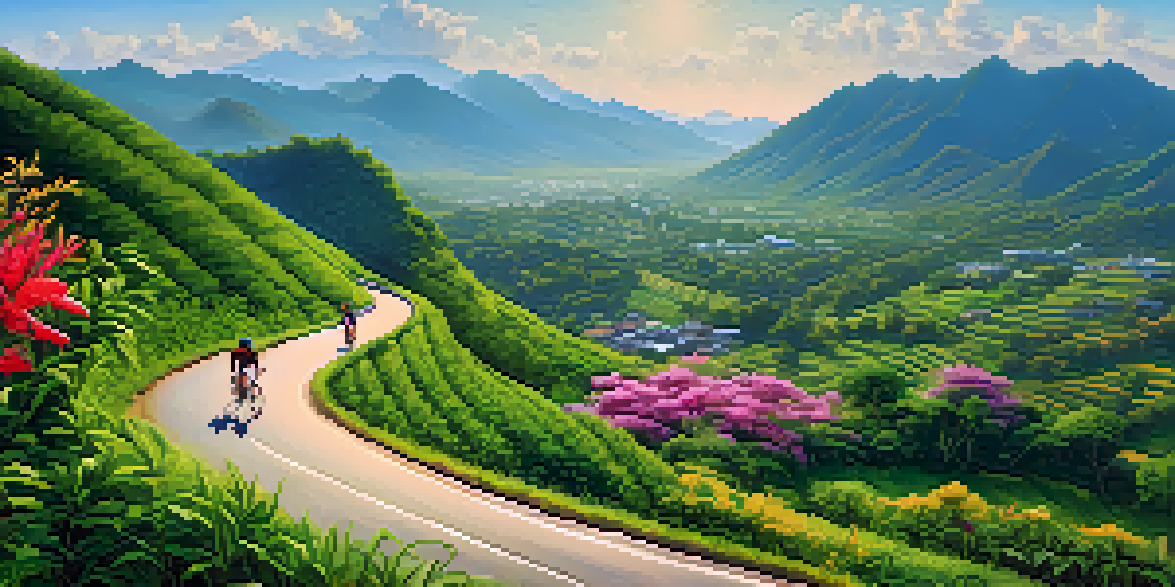 A picturesque landscape of Chiang Mai with cyclists on a winding road, surrounded by lush greenery and mountains under a clear sky.