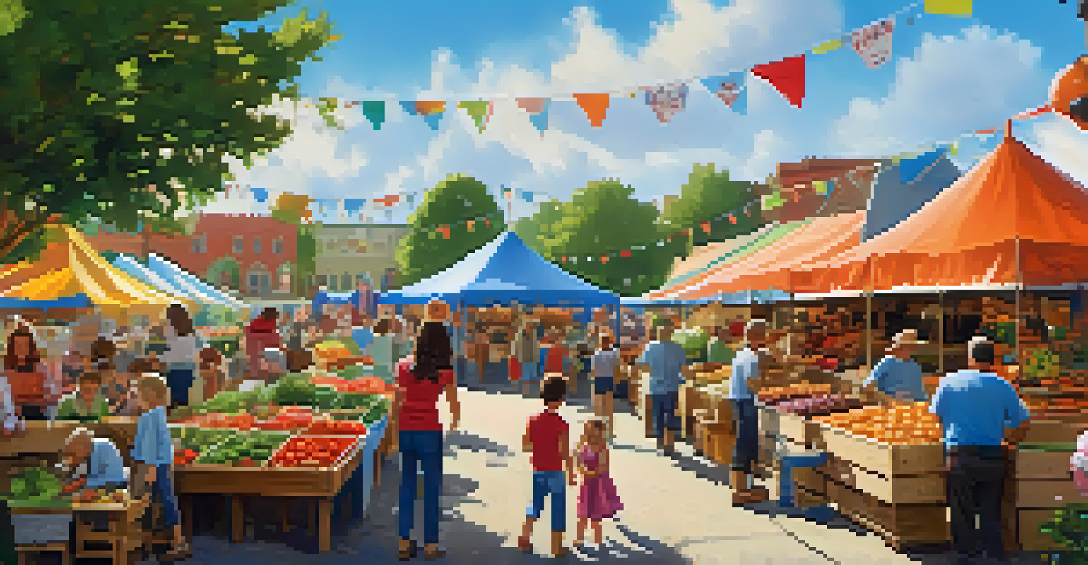 A family-friendly outdoor market with children doing crafts and interacting with animals, surrounded by colorful tents and fresh produce.