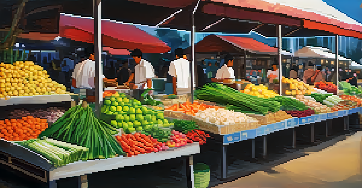 A market stall at a Thai culinary festival filled with fresh local ingredients, arranged with vibrant colors and textures.
