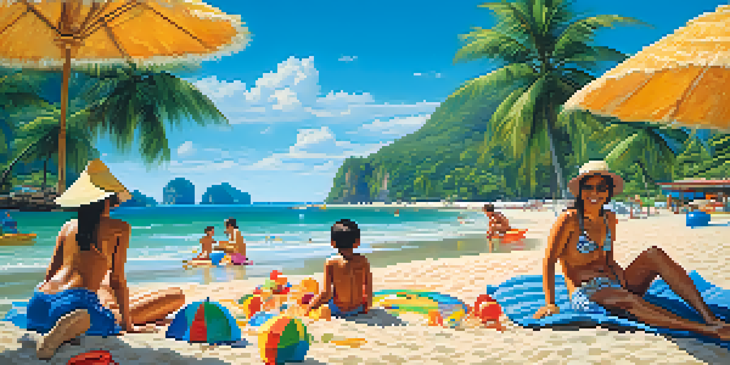 A family at a tropical beach in Thailand, with parents relaxing under an umbrella and children playing in the sand.