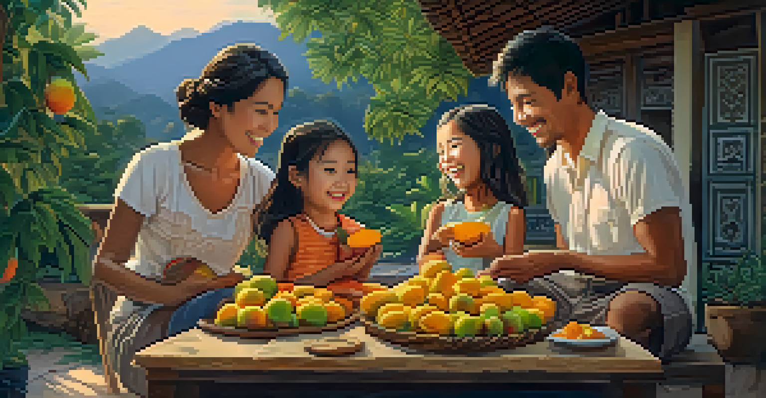 A family gathered around a rustic table filled with fresh fruits, enjoying a tasting experience outdoors at sunset, smiling and laughing.