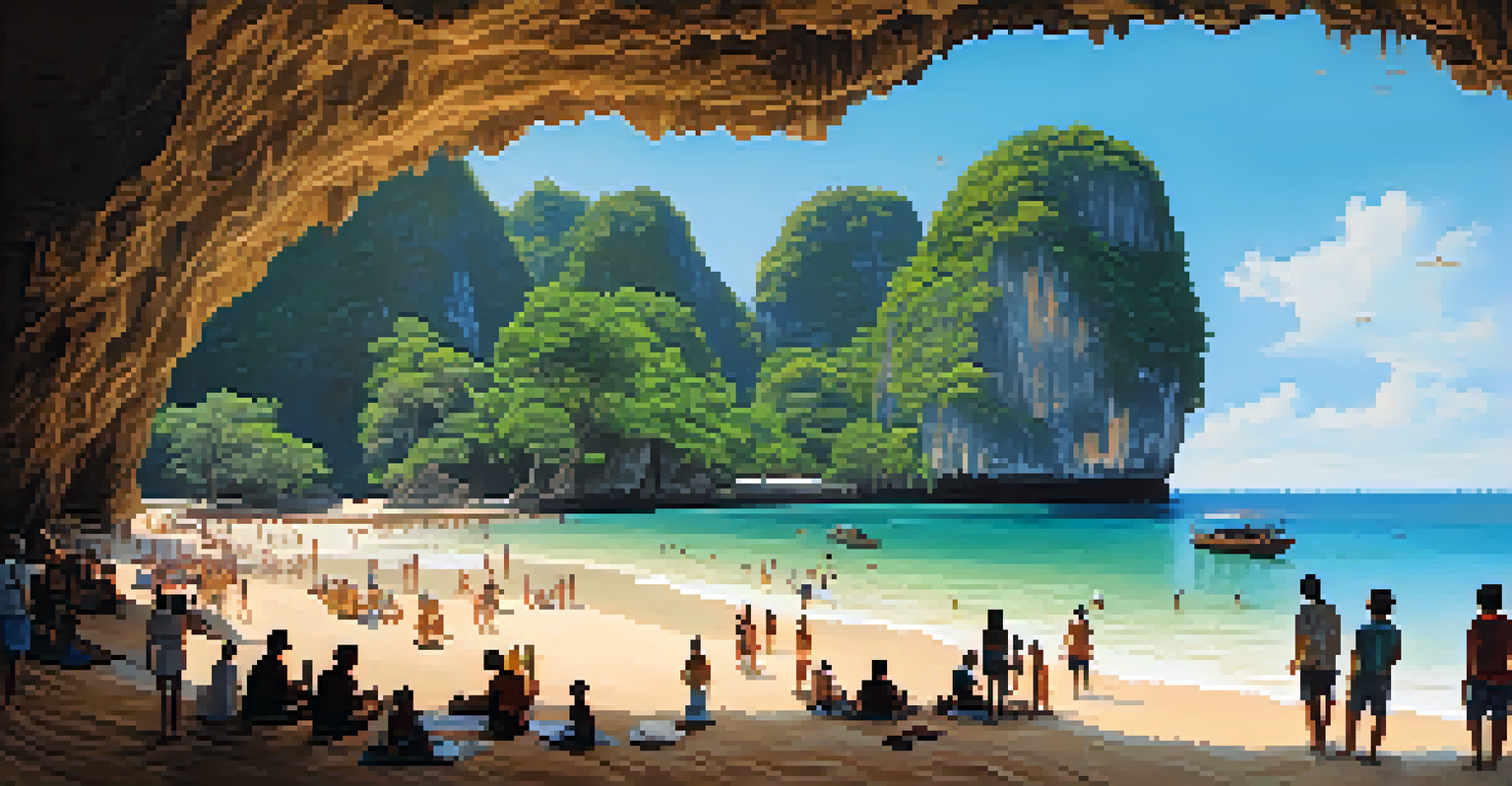 A picturesque view of Phra Nang Cave Beach with golden sand and limestone cliffs, showcasing visitors exploring the area.
