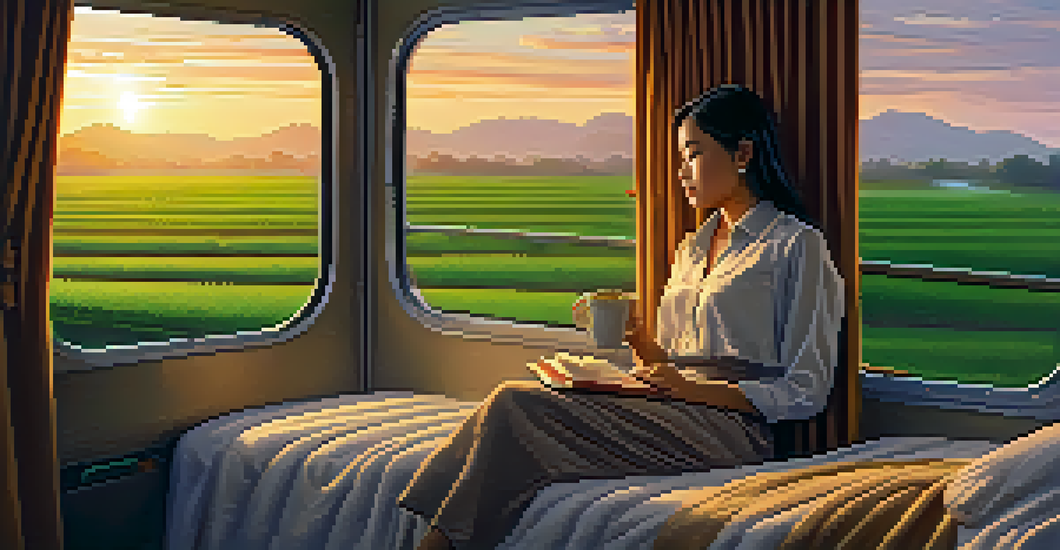 Inside a cozy overnight sleeper train in Thailand, with a passenger enjoying coffee and watching the sunrise over green fields.