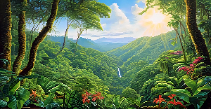 A vibrant rainforest in Costa Rica with a zip-line and sunlight filtering through the trees.