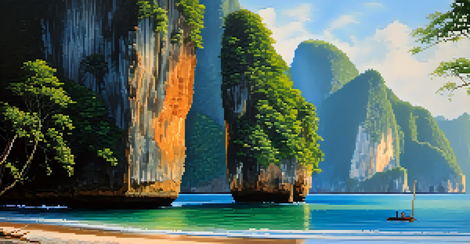 Dramatic limestone cliffs at Railay Beach with a climber and lush surroundings.