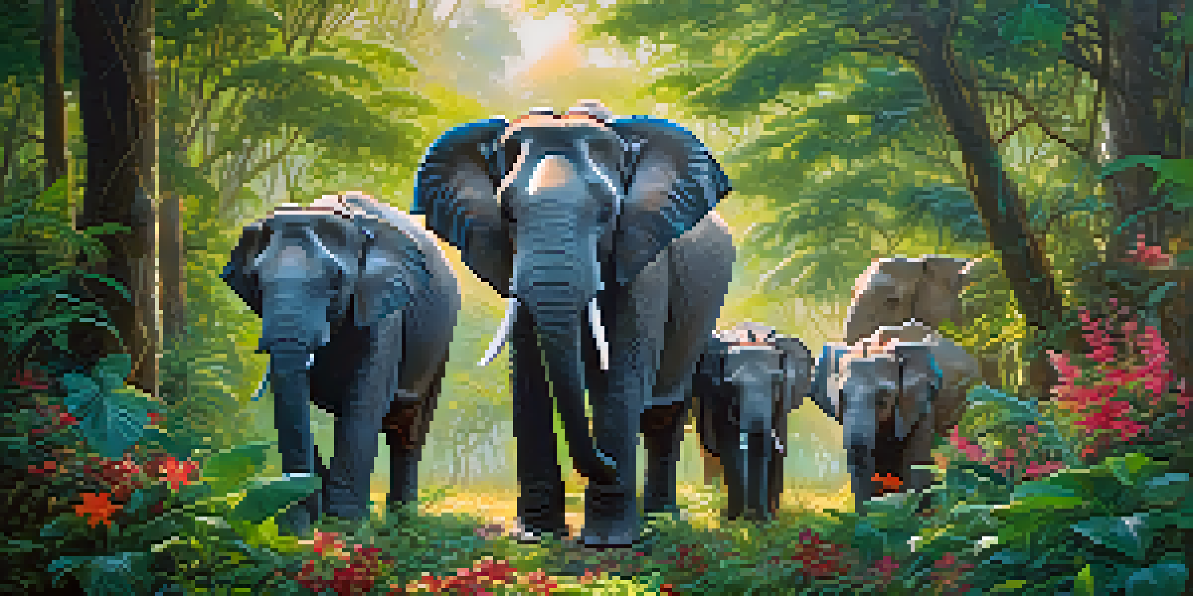 A peaceful scene of elephants in a forest in Thailand, with sunlight filtering through the trees, highlighting their skin and surroundings.