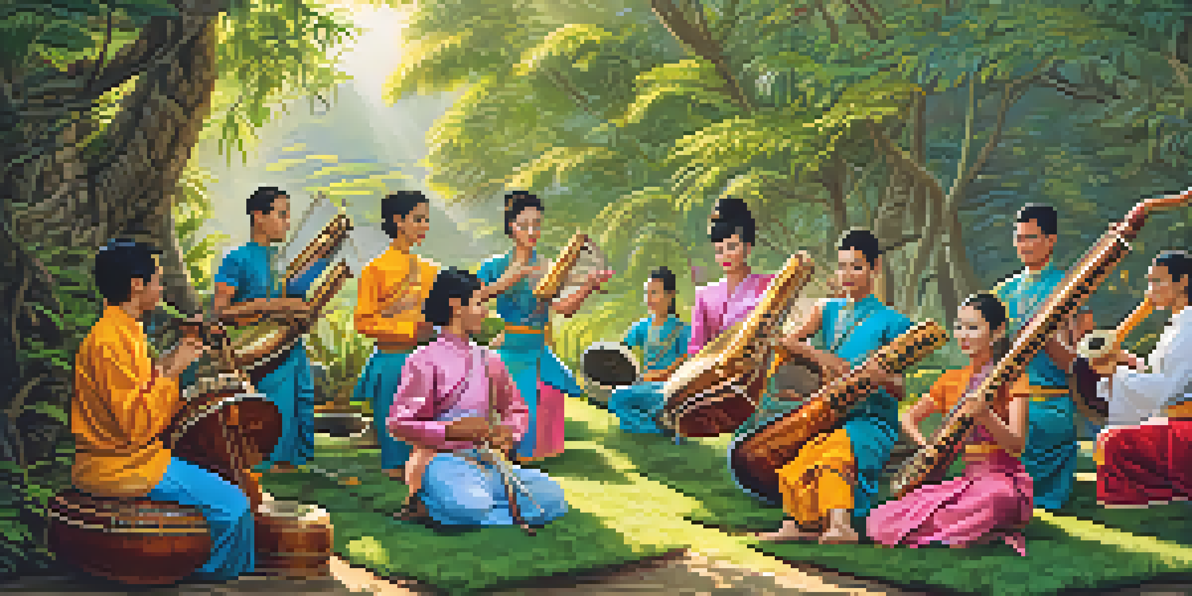 Musicians playing traditional Thai instruments, khim and ranat ek, in colorful attire amidst a natural setting.