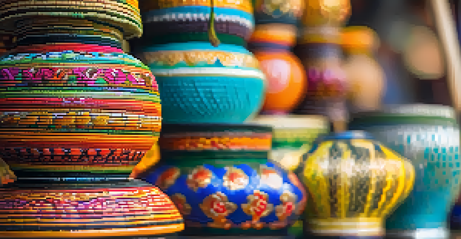A close-up view of colorful handcrafted souvenirs in a Thai market, showcasing intricate details and vibrant textures against a blurred market background.