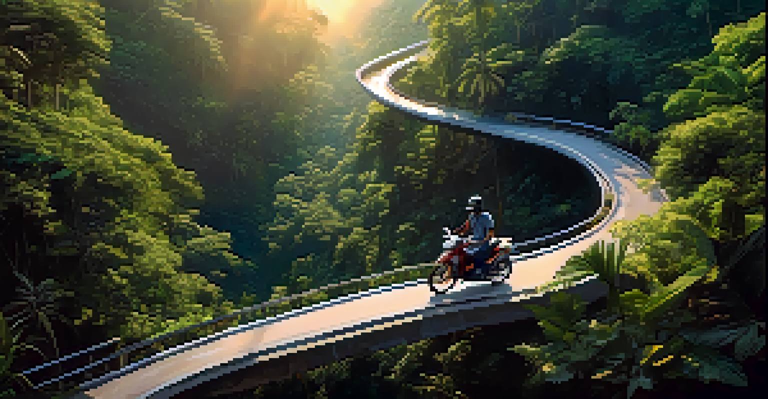 An aerial view of a motorbike riding on a winding road through a dense jungle in Thailand, with sunlight filtering through the trees.