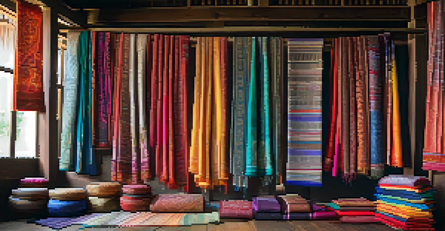 An array of traditional Thai textiles in vibrant colors and patterns displayed on a wooden table.