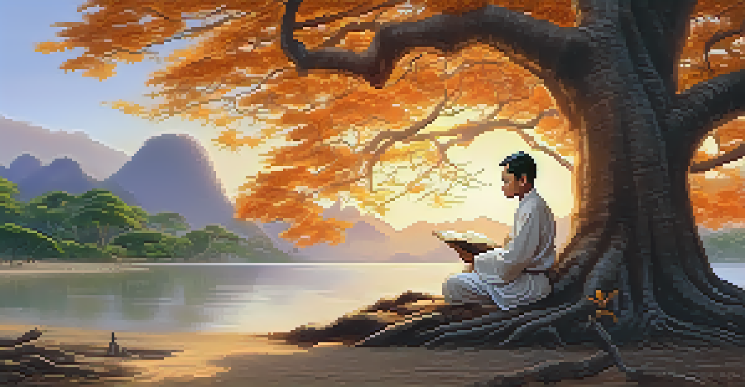 A Thai poet in traditional attire writing under a banyan tree at sunset, surrounded by books and scrolls.