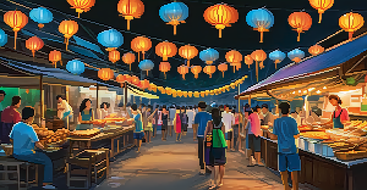A vibrant night market in Chiang Mai, featuring food stalls with Khao Soi and grilled skewers, illuminated by lanterns, with people enjoying the atmosphere.